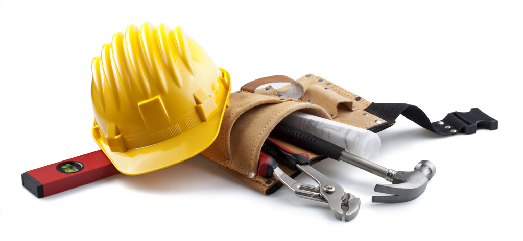 Tool belt with yellow hard hat